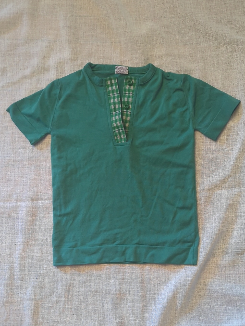 Vintage 1960s 1970s Danskin Green Short Sleeve Henley with Plaid Placket